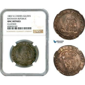 AK485, Netherlands East Indies, Batavian Republic 1 Gulden 1802, Silver, NGC UNC Details