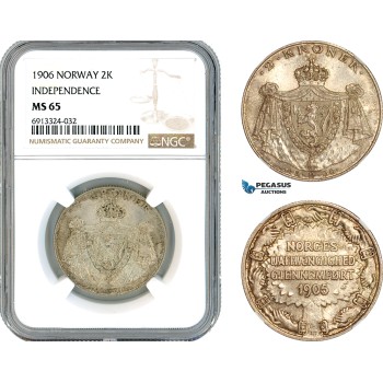 AK487, Norway, Haakon VII, 2 Kroner 1906 "Independence", Kongsberg Mint, Silver, NGC MS65