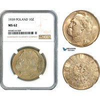 AK489, Poland, 10 Zlotych 1939, Jozef Pilsudski, Silver, NGC MS62