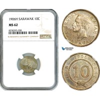 AK508, Sarawak, C. Brooke Rajah, 10 Cents 1906 H, Heaton Mint, Silver, NGC MS62