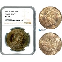 AK509, South Africa (ZAR) 5 Shillings 1892 (Single Shaft) Berlin Mint, Silver, NGC MS62