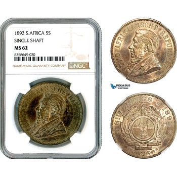 AK509, South Africa (ZAR) 5 Shillings 1892 (Single Shaft) Berlin Mint, Silver, NGC MS62