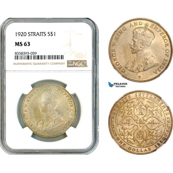 AK510, Straits Settlements, George V, 1 Dollar 1920, Bombay Mint, Silver, NGC MS63