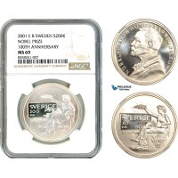 AK511, Sweden, Nobel Prize Centennial 200 Kronor 2001, Stockholm, Silver, NGC MS69