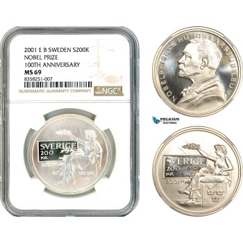 AK511, Sweden, Nobel Prize Centennial 200 Kronor 2001, Stockholm, Silver, NGC MS69