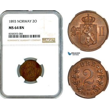 AK518, Norway, Oscar II, 2 Øre 1893, Kongsberg Mint, NGC MS64BN