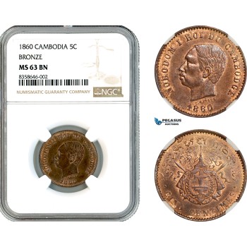 AK524, Cambodia, Norodom I, 5 Centimes 1860, Bronze, NGC MS63BN