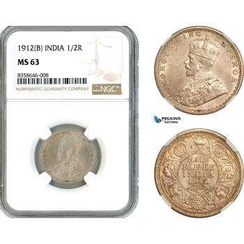 AK528, India (British) George V, 1/2 Rupee 1912 B, Bombay Mint, Silver, NGC MS63