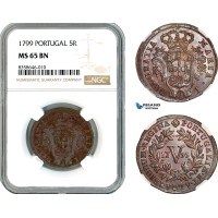 AK529, Portugal, Maria I, 5 Reis 1799, Lisbon Mint, NGC MS65BN, Top Pop & Single finest graded!