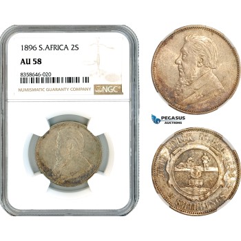 AK533, South Africa (ZAR) 2 Shillings 1896, Pretoria Mint, Silver, NGC AU58