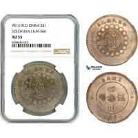 AK536, China, Szechuan, 1 Dollar YR1 (1912), L&M-366, Silver, NGC AU55