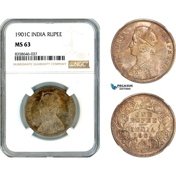 AK541, India (British) Victoria, 1 Rupee 1901 C, Calcutta Mint, Silver, NGC MS63