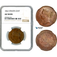 AK543, Straits Settlements, Victoria, 1 Cent 1862, Calcutta Mint, NGC AU58BN