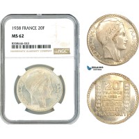 AK544, France, Third Republic, 20 Francs 1938, Paris Mint, Silver, NGC MS62