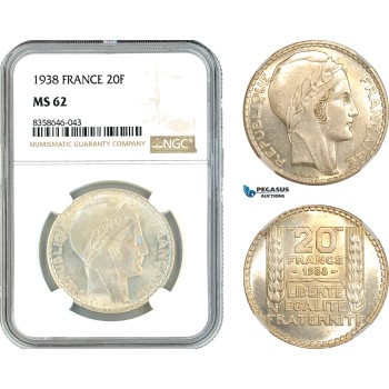 AK544, France, Third Republic, 20 Francs 1938, Paris Mint, Silver, NGC MS62