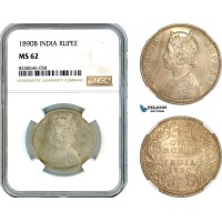 AK551, India (British) Victoria, 1 Rupee 1890 B, Bombay Mint, Silver, NGC MS62