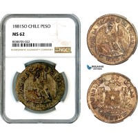 AK553, Chile, 1 Peso 1881 SO, Santiago Mint, Silver, NGC MS62