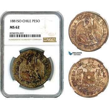 AK553, Chile, 1 Peso 1881 SO, Santiago Mint, Silver, NGC MS62