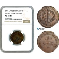 AK556, Germany, Mainz, Frederick Charles Joseph,  2 Sols 1793 L'AN 2, Siege Coinage, NGC AU58BN