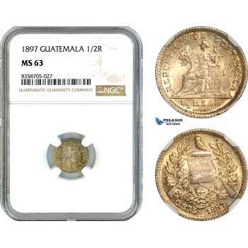 AK557, Guatemala, 1/2 Real 1897, Guatemala Mint, Silver, NGC MS63