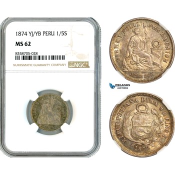 AK558, Peru, 1/5 Sol 1874 YJ/YB, Lima Mint, Silver, Silver, NGC MS62