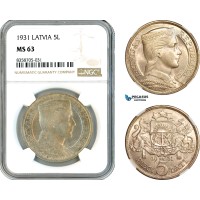 AK560, Latvia, 5 Lati 1931, Silver, NGC MS63