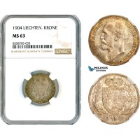 AK561, Liechtenstein, Johann II, 1 Krone 1904, Vienna Mint, Silver, NGC MS63