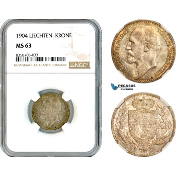 AK561, Liechtenstein, Johann II, 1 Krone 1904, Vienna Mint, Silver, NGC MS63