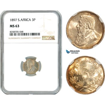 AK567, South Africa (ZAR) Threepence (3 Pence) 1897, Pretoria Mint, Silver, NGC MS63