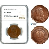 AK568, Straits Settlements, Edward VII, 1 Cent 1903, Calcutta Mint, NGC MS63BN