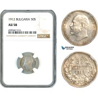 AK586, Bulgaria, Ferdinand, 50 Stotinki 1912, Silver, NGC AU58