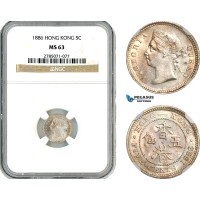 AK596, Hong Kong, Victoria, 5 Cents 1886, London Mint, Silver, NGC MS63