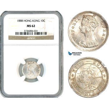 AK598, Hong Kong, Victoria, 10 Cents 1888, London Mint, Silver, NGC MS62