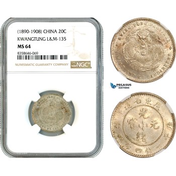 AK603, China, Kwangtung, 20 Cents ND (1890-1908), L&M-135, Silver, NGC MS64