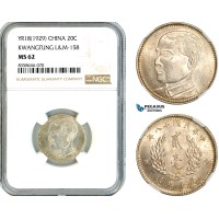 AK604, China, Kwangtung, 20 Cents YR18 (1929), L&M-158, Silver, NGC MS62