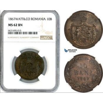 A10-488, Romania, Carol I, 10 Bani 1867 Watt&Co, Birmingham Mint, Schäffer/Stambuliu 4b, NGC MS62BN