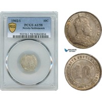 AK605, Straits Settlements, Edward VII, 10 Cents 1902/1 Overdate, London Mint, Silver, PCGS AU58, Rare!