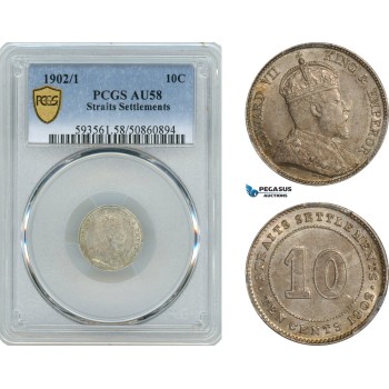 AK605, Straits Settlements, Edward VII, 10 Cents 1902/1 Overdate, London Mint, Silver, PCGS AU58, Rare!