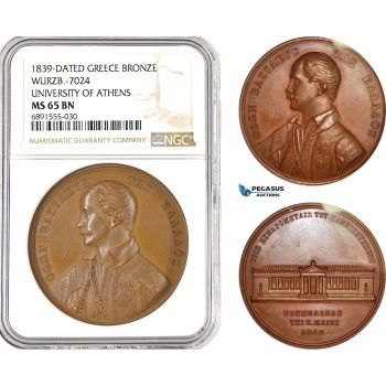 A10-269, Greece, Bronze Medal 1839, University of Athens, Wurzb-7024, NGC MS65 BN, Top Pop!