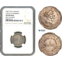 A10-315, Italy, Lucca & Piombino, Felice Baciocchi & Elisa Bonaparte, 1 Franco 1807, Florence Mint, Silver, KM# 23, Old cabinet toning, NGC AU Details "Cleaned" 