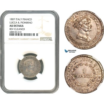 A10-315, Italy, Lucca & Piombino, Felice Baciocchi & Elisa Bonaparte, 1 Franco 1807, Florence Mint, Silver, KM# 23, Old cabinet toning, NGC AU Details "Cleaned"