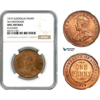 AK613, Australia, George V, 1 Penny 1919, No Mintmark, NGC UNC Det