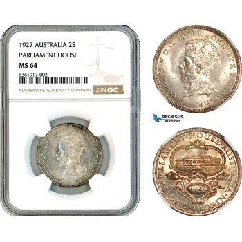 AK614, Australia, George V, 1 Florin / 2 Shillings 1927 Parliament House, Silver, NGC MS64