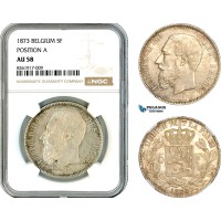 AK619, Belgium, Leopold II, 5 Francs 1873, Brussels Mint, Position "A" Variant, Silver, NGC AU58
