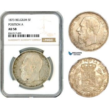 AK619, Belgium, Leopold II, 5 Francs 1873, Brussels Mint, Position "A" Variant, Silver, NGC AU58