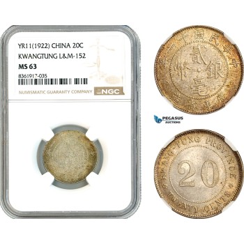 AK632, China, Kwangtung, 20 Cents Yr. 11 (1922) Silver, L&M-152, NGC MS63