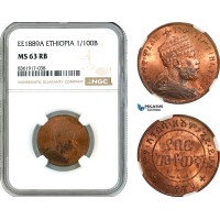AK636, Ethiopia, Menelik II, 1/100 Birr EE1889 A, Paris Mint, NGC MS63RB