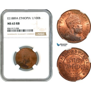 AK636, Ethiopia, Menelik II, 1/100 Birr EE1889 A, Paris Mint, NGC MS63RB