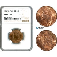 AK637, France, Napoleon III, 5 Centimes 1864 A, Paris Mint, NGC MS63BN