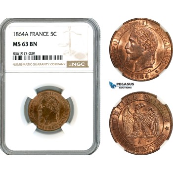 AK637, France, Napoleon III, 5 Centimes 1864 A, Paris Mint, NGC MS63BN